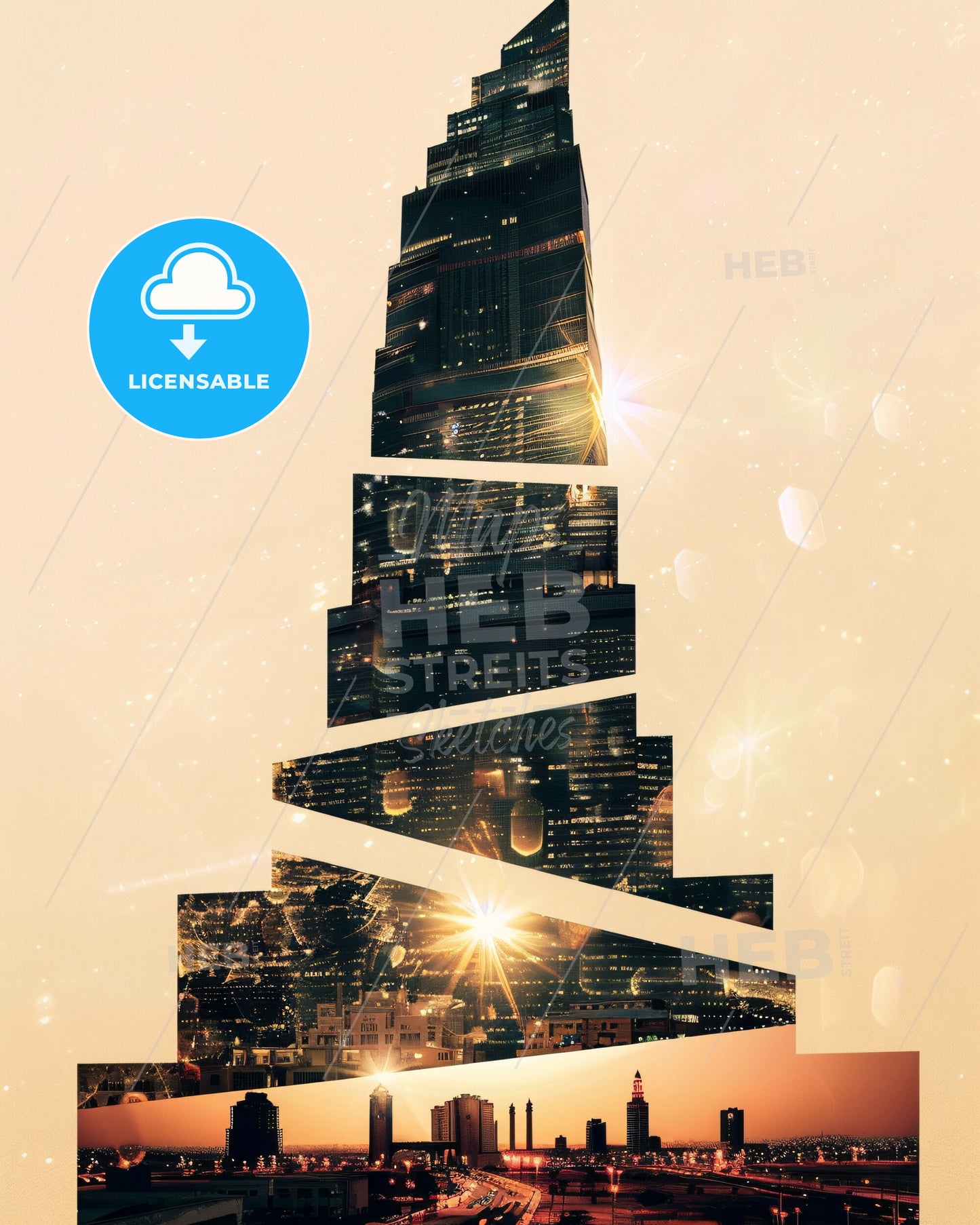 Jeddah Skyline Double Exposure Minimalist Beige - A skyscraper with many windows