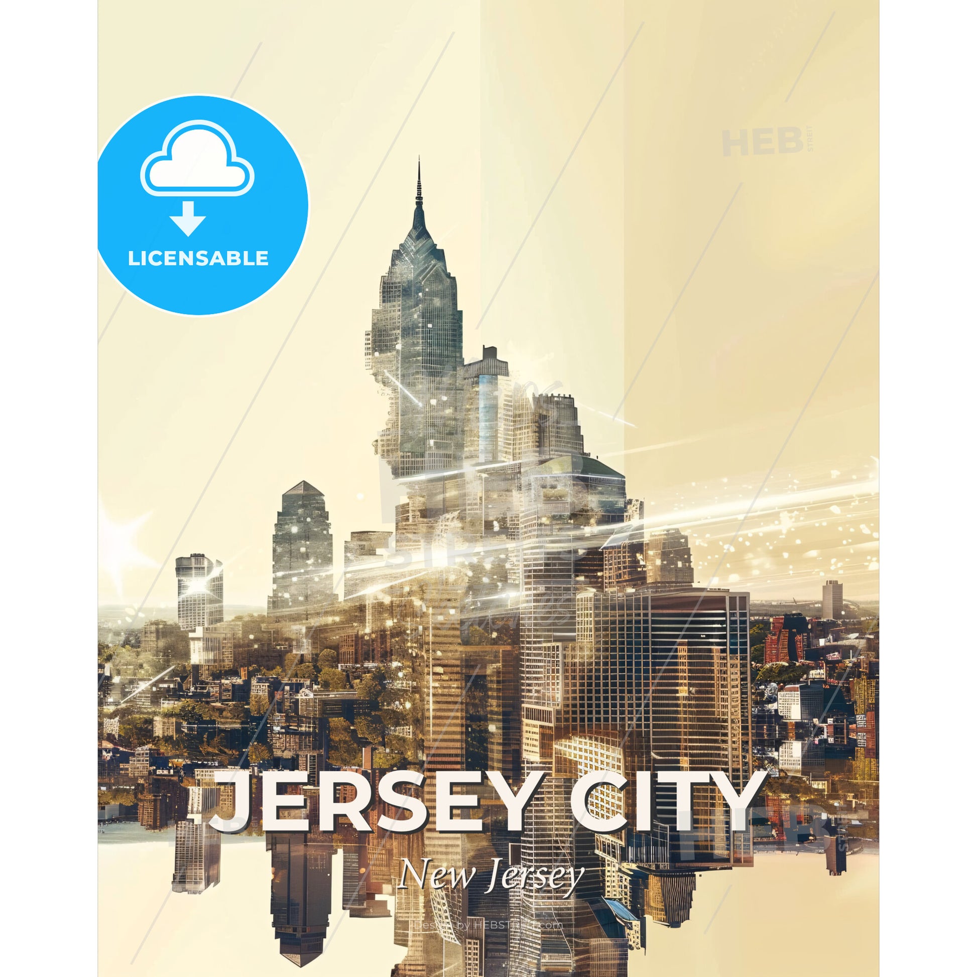 Jersey City Skyline Composite Art Poster - A city with many tall buildings - Square format print template
