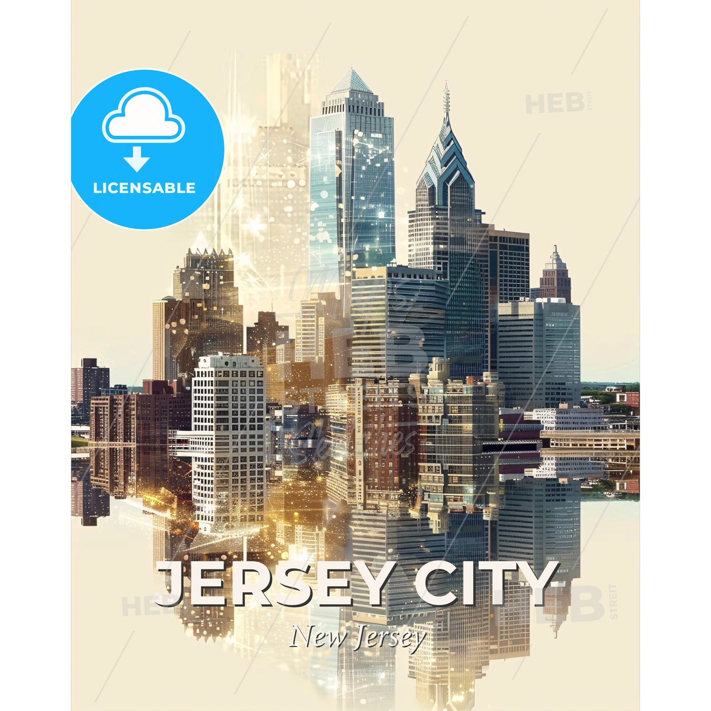 Jersey City Skyline: Local Landmarks in Unique Double Exposure - A city skyline with many tall buildings - Square format print template