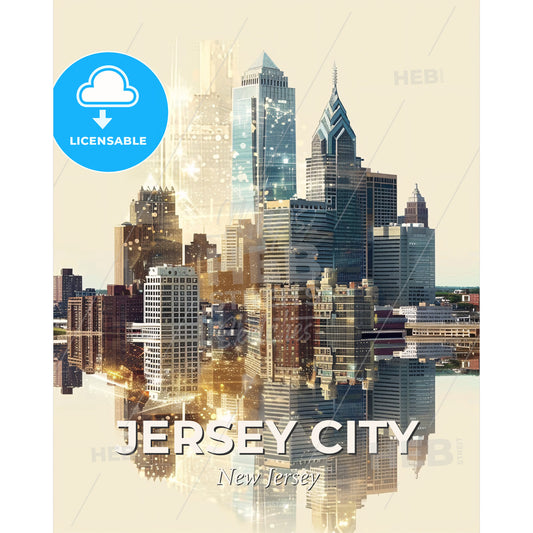 Jersey City Skyline: Local Landmarks in Unique Double Exposure - A city skyline with many tall buildings - Square format print template
