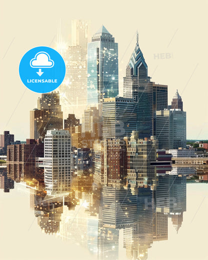 Jersey City Skyline: Local Landmarks in Unique Double Exposure - A city skyline with many tall buildings