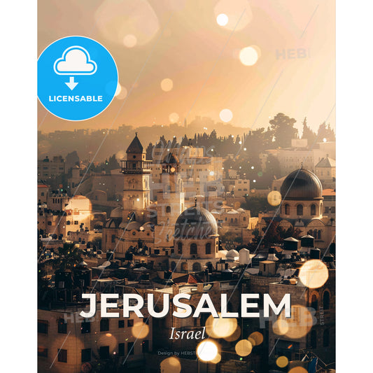 Jerusalem Skyline Art: Double Exposure Wonders - A city with many buildings and a few trees - Square format print template