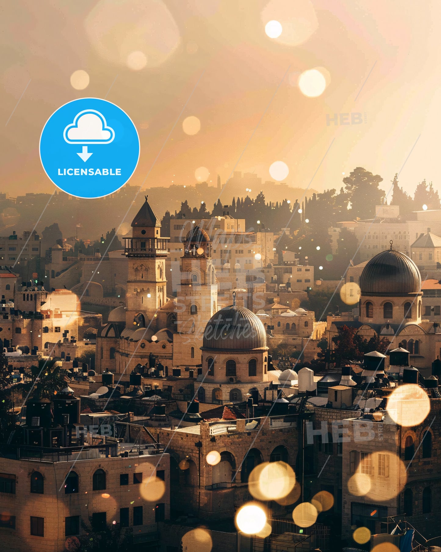 Jerusalem Skyline Art: Double Exposure Wonders - A city with many buildings and a few trees