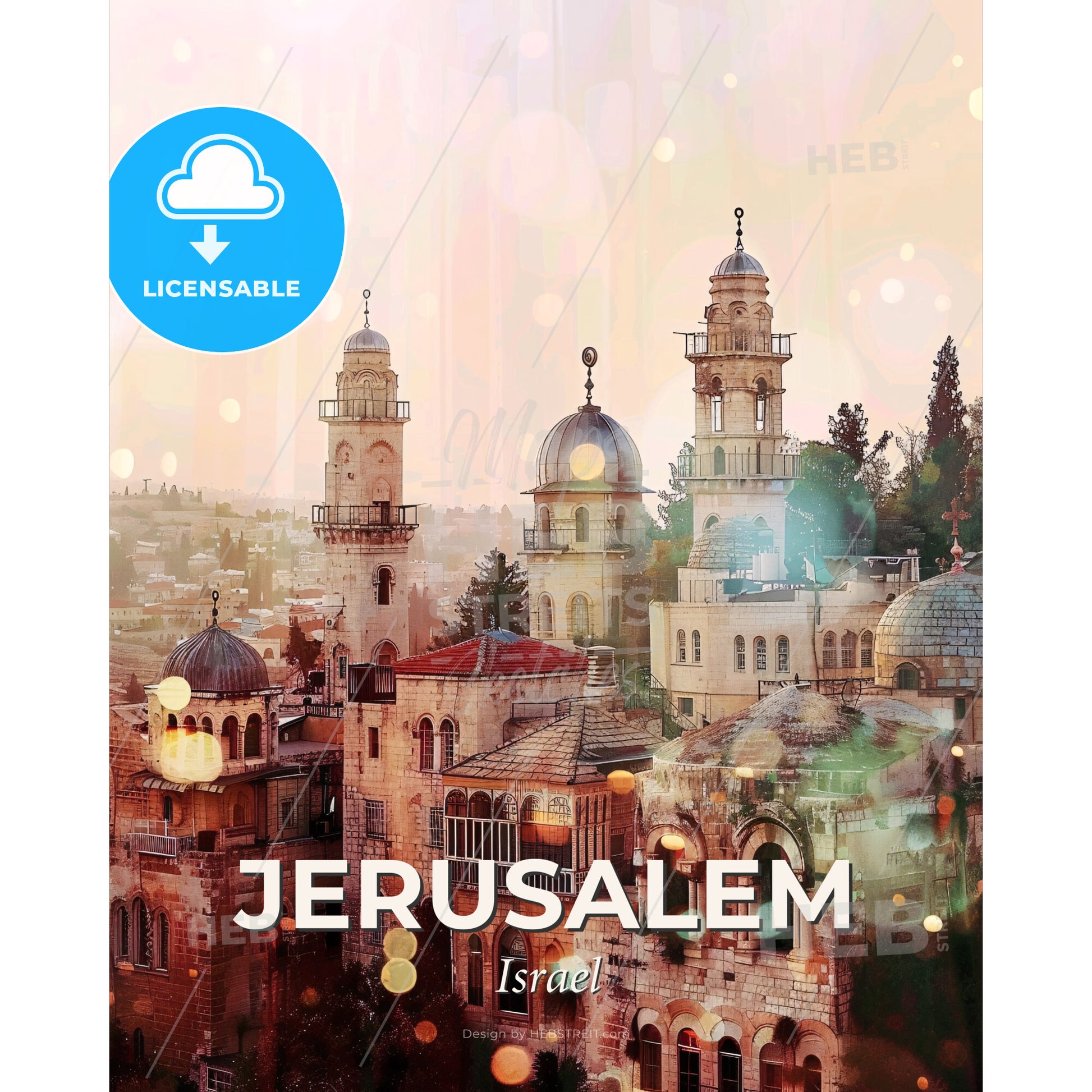 Jerusalem Skyline Classic Art Poster - A group of buildings with towers and domes - Square format print template