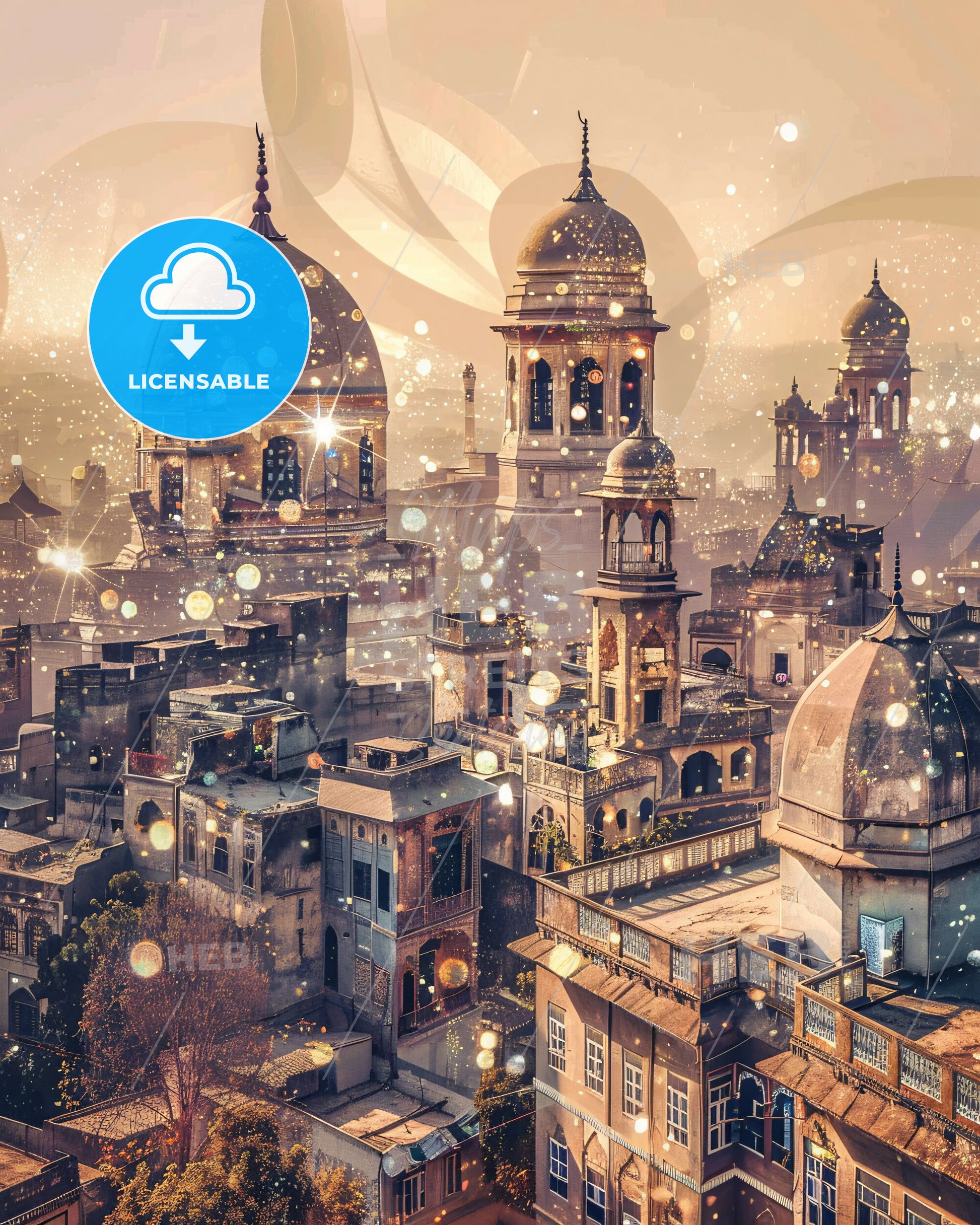 Jhang Skyline City Lights Artwork - A city with many domes and a few lights