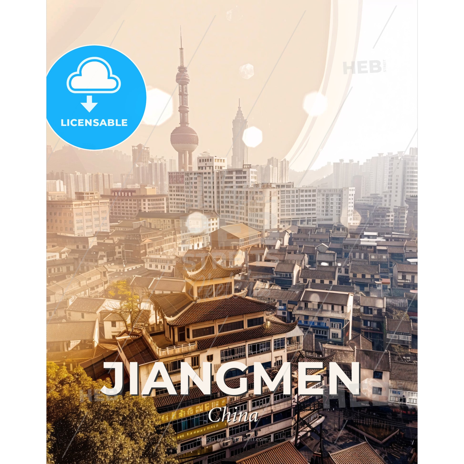 Jiangmen City Skyline Poster Double Exposure - A city with many buildings - Square format print template