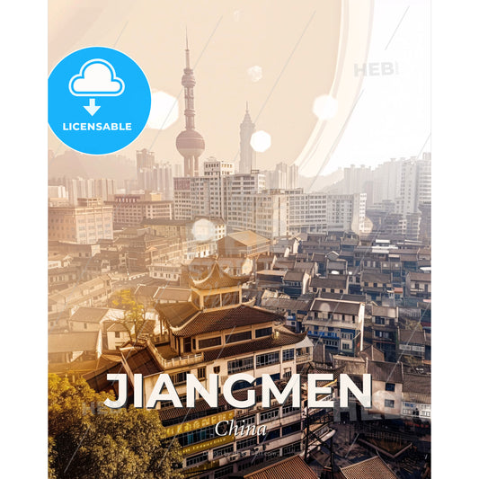 Jiangmen City Skyline Poster Double Exposure - A city with many buildings - Square format print template