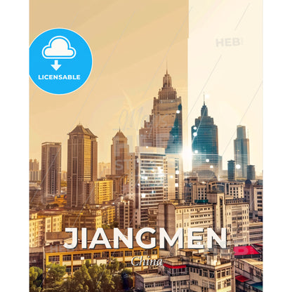 Jiangmen Skyline: Local Icons in Vibrant Beige - A city with many tall buildings - Square format print template
