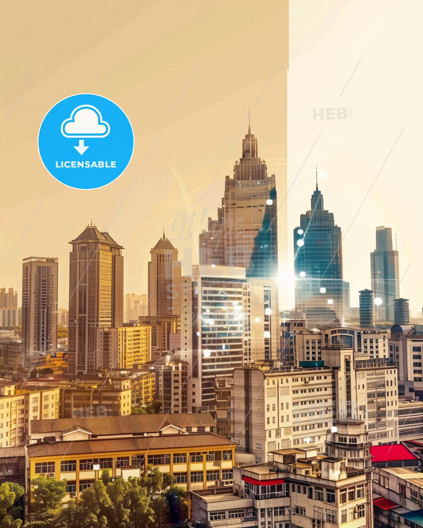 Jiangmen Skyline: Local Icons in Vibrant Beige - A city with many tall buildings