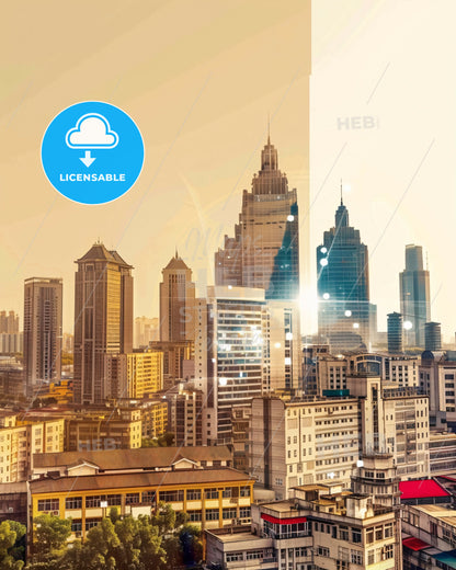 Jiangmen Skyline: Local Icons in Vibrant Beige - A city with many tall buildings