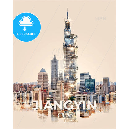 Jiangyin Skyline Night Light Composite Art - A city skyline with many tall buildings - Square format print template