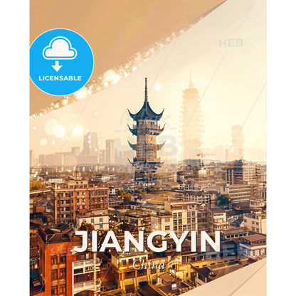 Jiangyin Skyline Art: Local Icons, Beige, Backlights - A city with a tall building - Square format print template