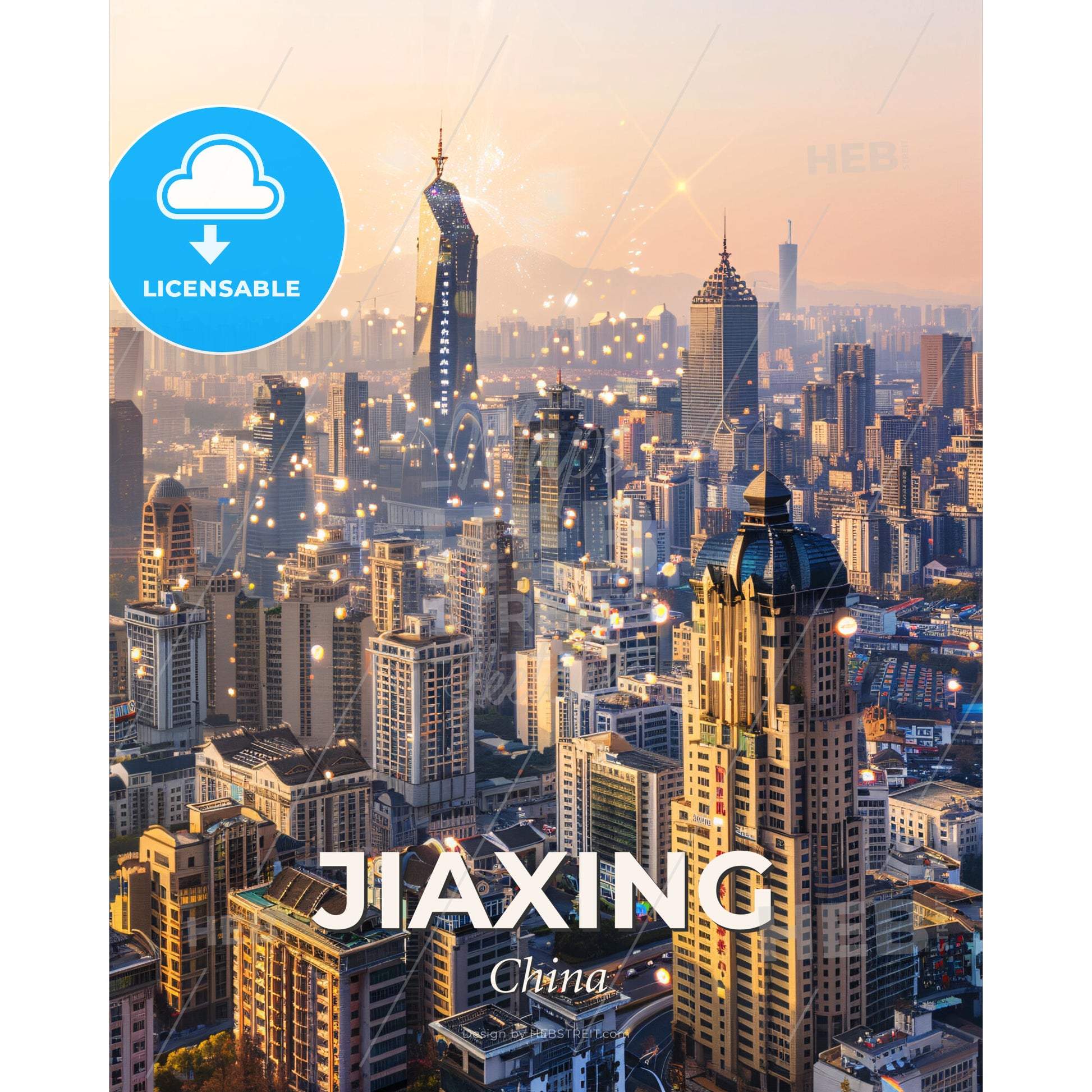 Jiaxing Cityscape Composite Art on Beige - A city with many tall buildings - Square format print template