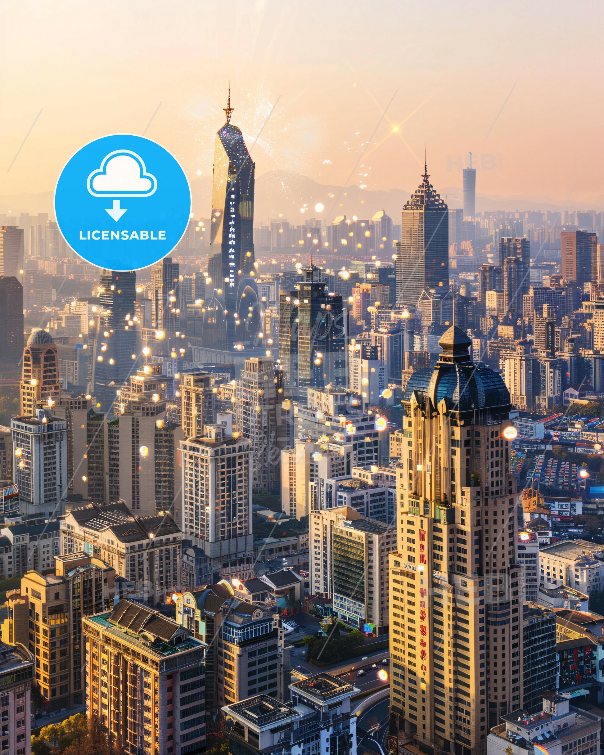 Jiaxing Cityscape Composite Art on Beige - A city with many tall buildings