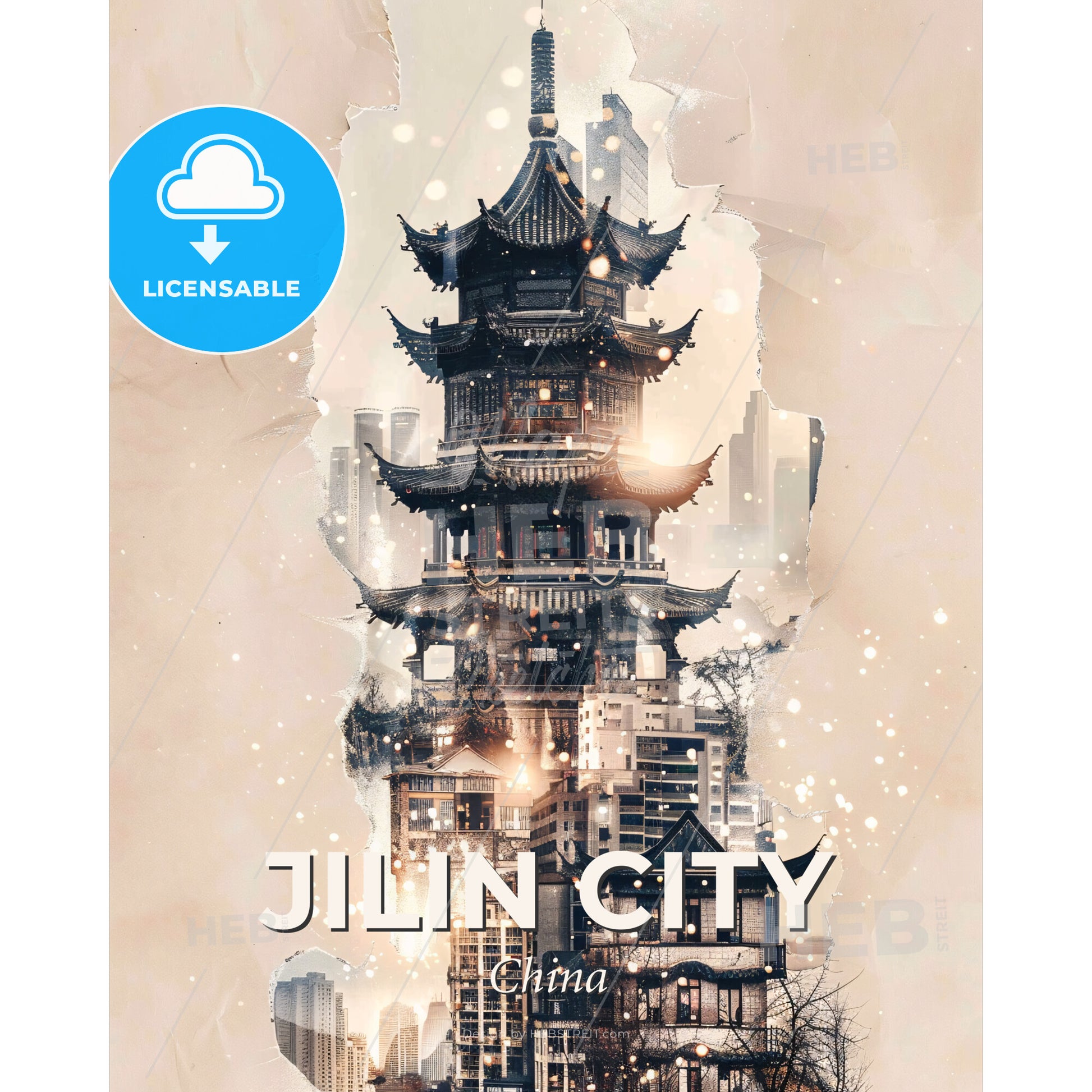 Jilin City Skyline Minimalist Double Exposure - A building with a tower - Square format print template