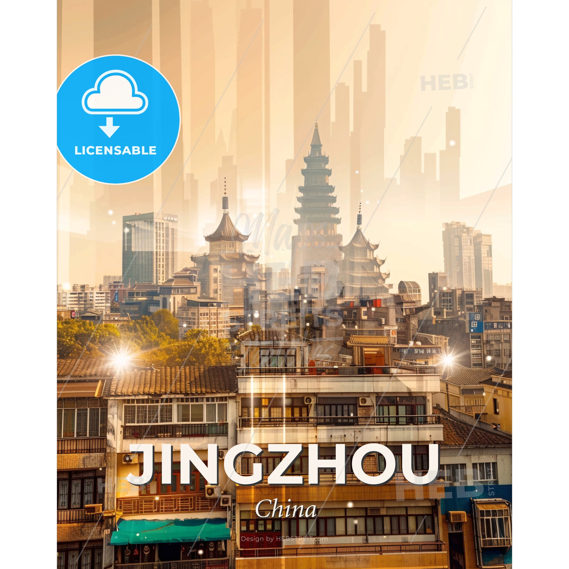 Jingzhou Skyline Poster: Local Architecture Brilliance - A city with many buildings - Square format print template
