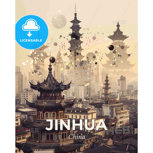 Jinhua Skyline Beige Sparkle Composite Poster - A city with many buildings and fireworks - Square format print template