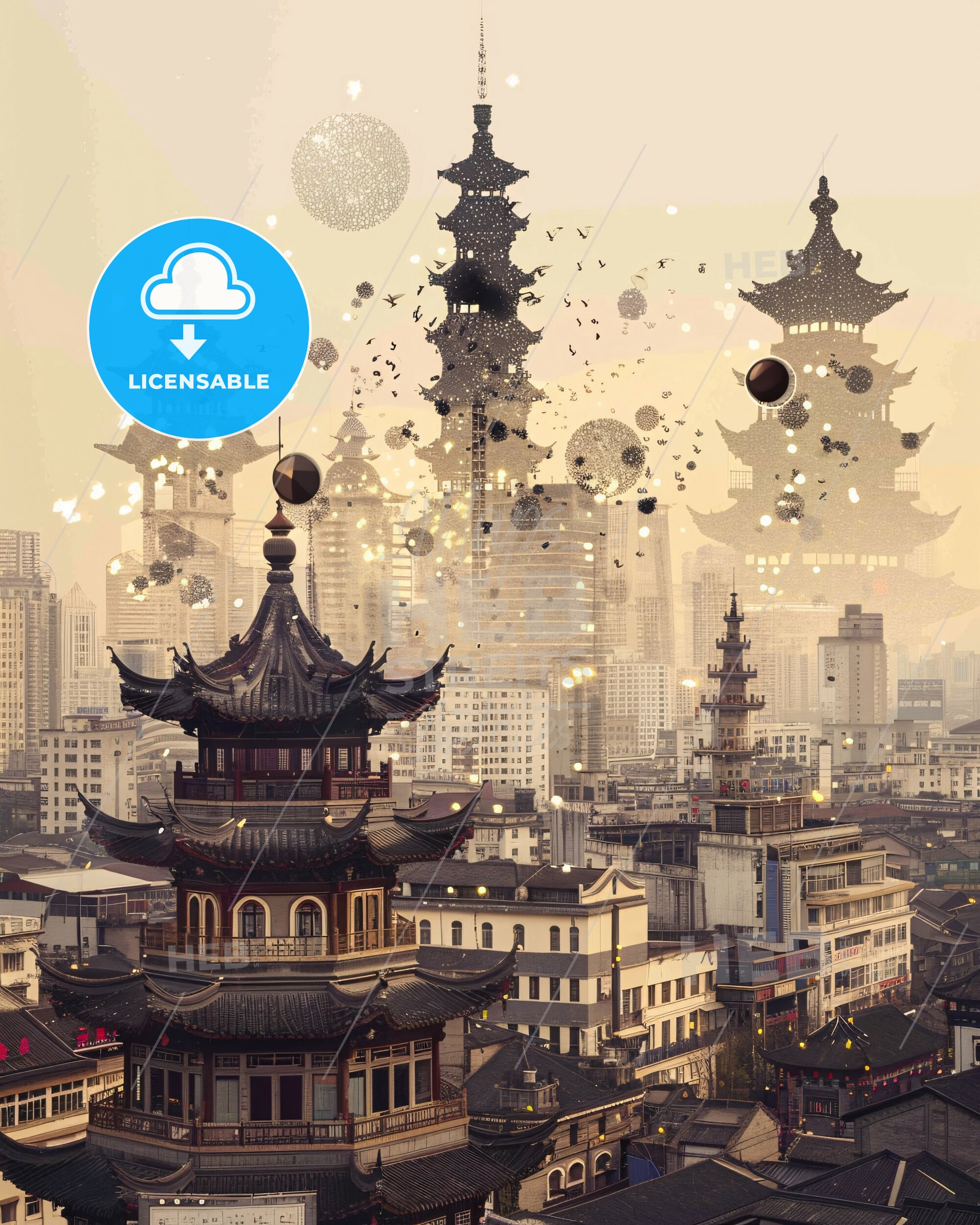 Jinhua Skyline Beige Sparkle Composite Poster - A city with many buildings and fireworks