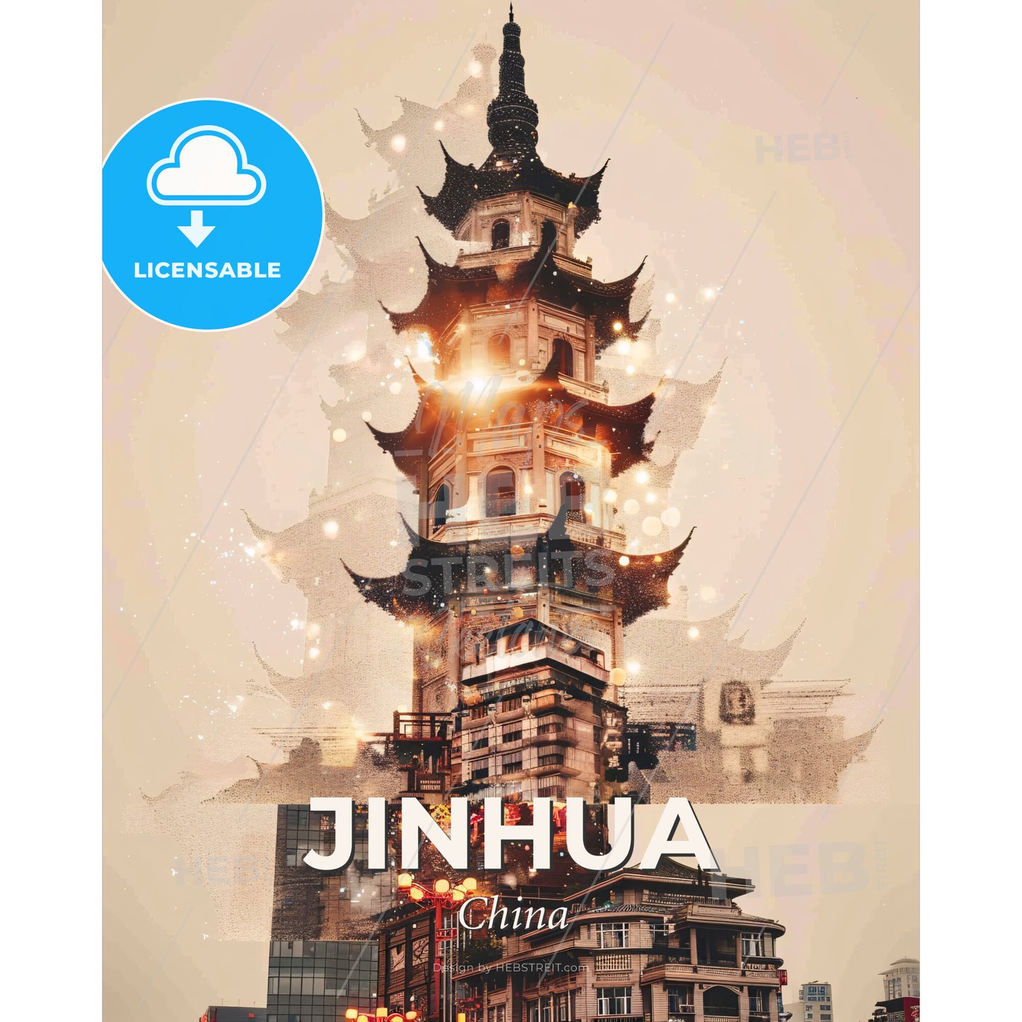 Jinhua Skyline Double Exposure Poster Art - A tall building with a tower and many buildings - Square format print template