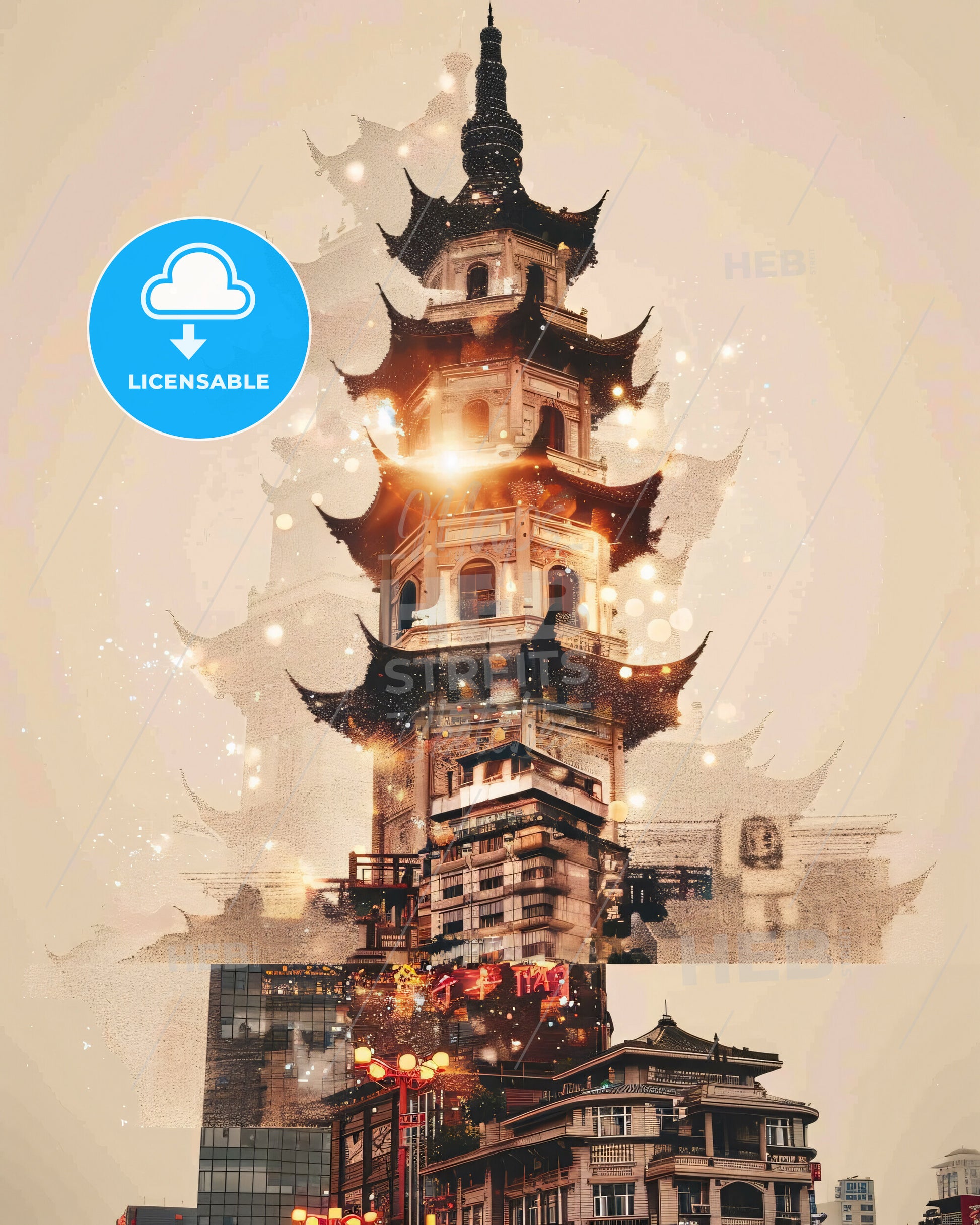 Jinhua Skyline Double Exposure Poster Art - A tall building with a tower and many buildings