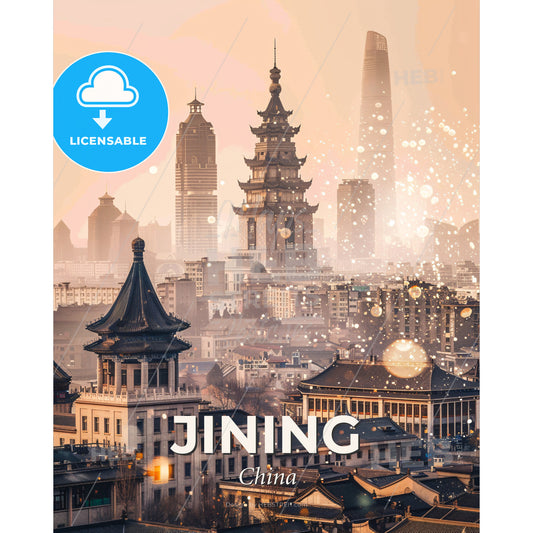 Jining Cityscape Double Exposure Panorama - A city with many buildings - Square format print template