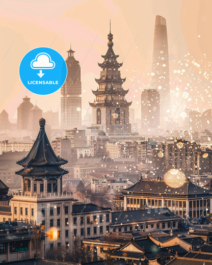 Jining Cityscape Double Exposure Panorama - A city with many buildings