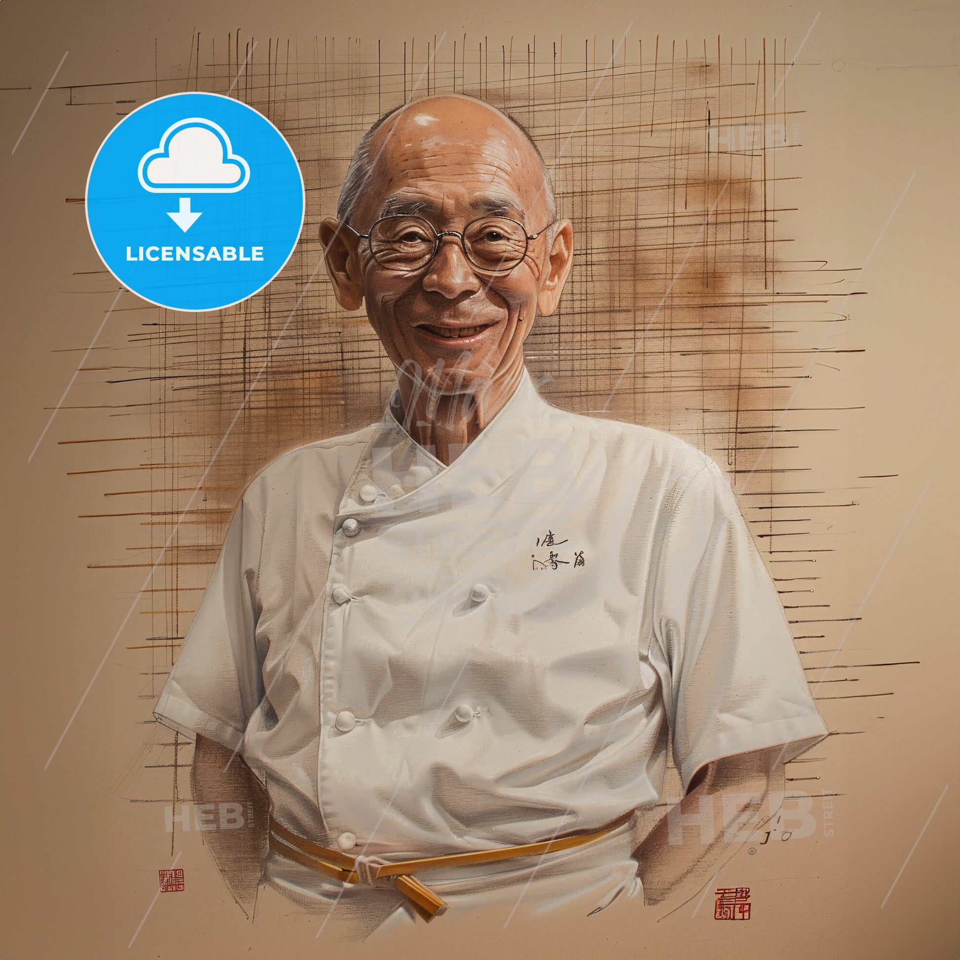 Jiro Ono, Born: 1925, Japanese sushi chef - A Painting Of A Man In A Chef's Uniform