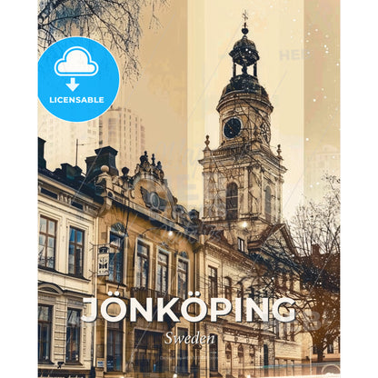 Jönköping Skyline Cityscape Beige Sparkle Poster - A building with a clock tower - Square format print template