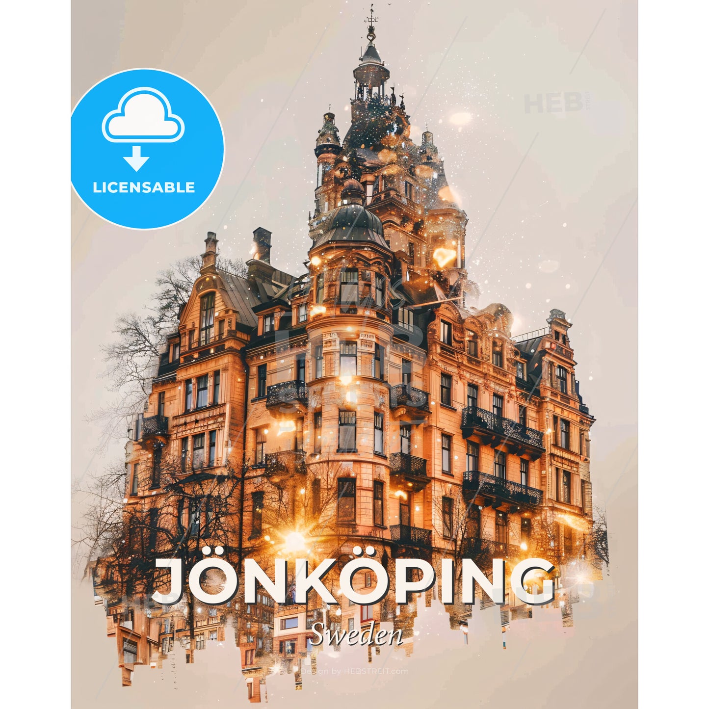 Jönköping, Sweden: Urban Art Skyline Composite - A building with many windows - Square format print template