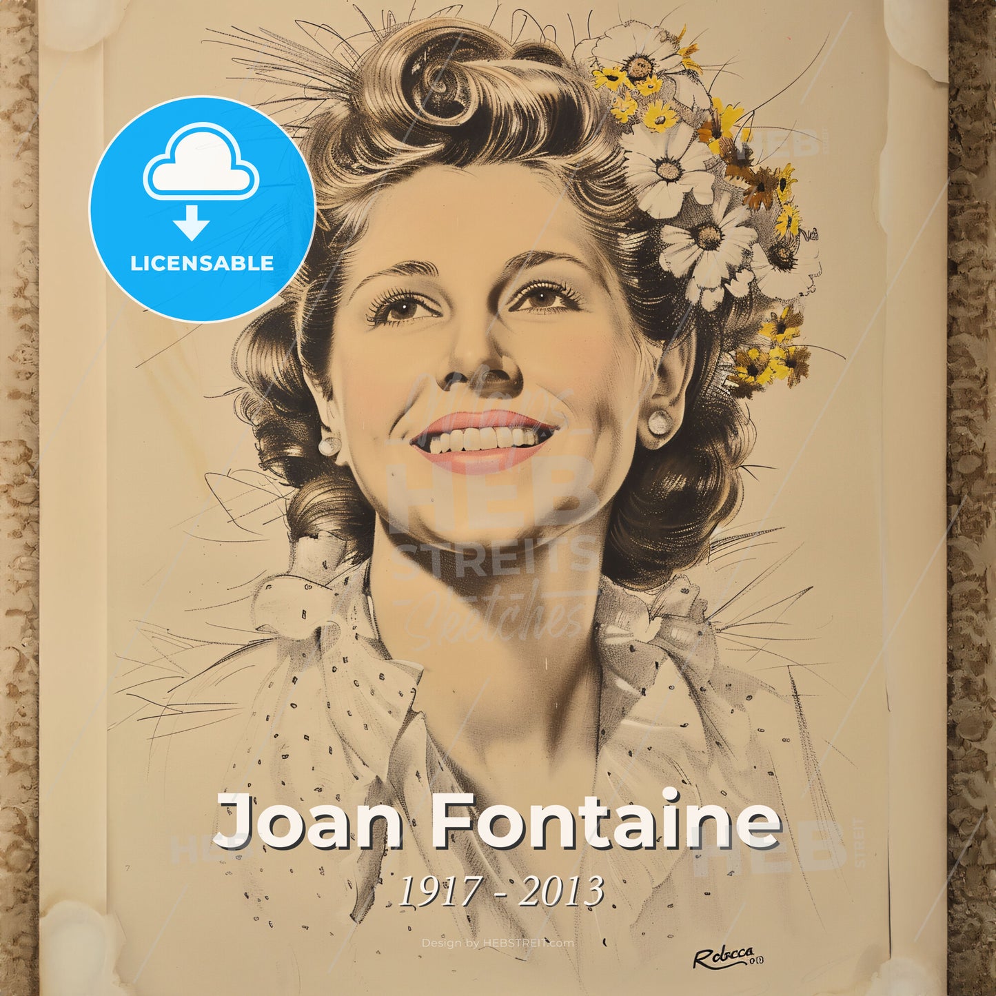 Joan Fontaine, 1917 - 2013, British-American actress - A Drawing Of A Woman With Flowers In Her Hair Print Template