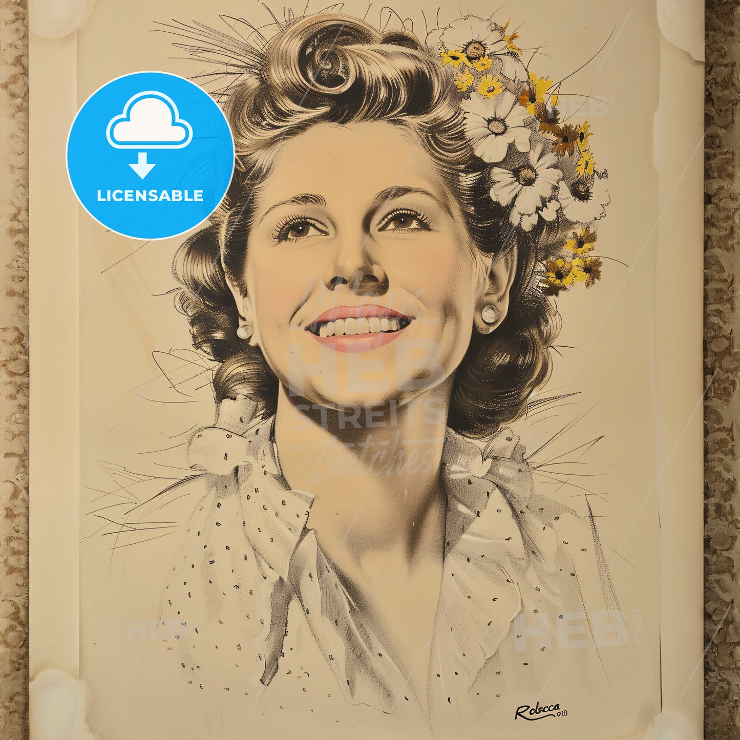 Joan Fontaine, 1917 - 2013, British-American actress - A Drawing Of A Woman With Flowers In Her Hair