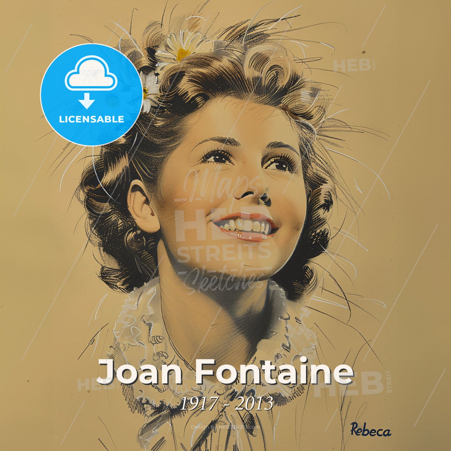 Joan Fontaine, 1917 - 2013, British-American actress - A Drawing Of A Woman With Flowers In Her Hair Print Template