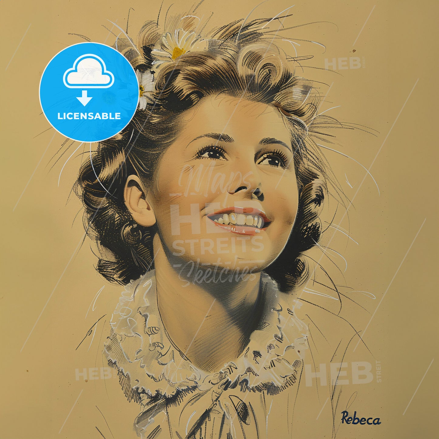 Joan Fontaine, 1917 - 2013, British-American actress - A Drawing Of A Woman With Flowers In Her Hair