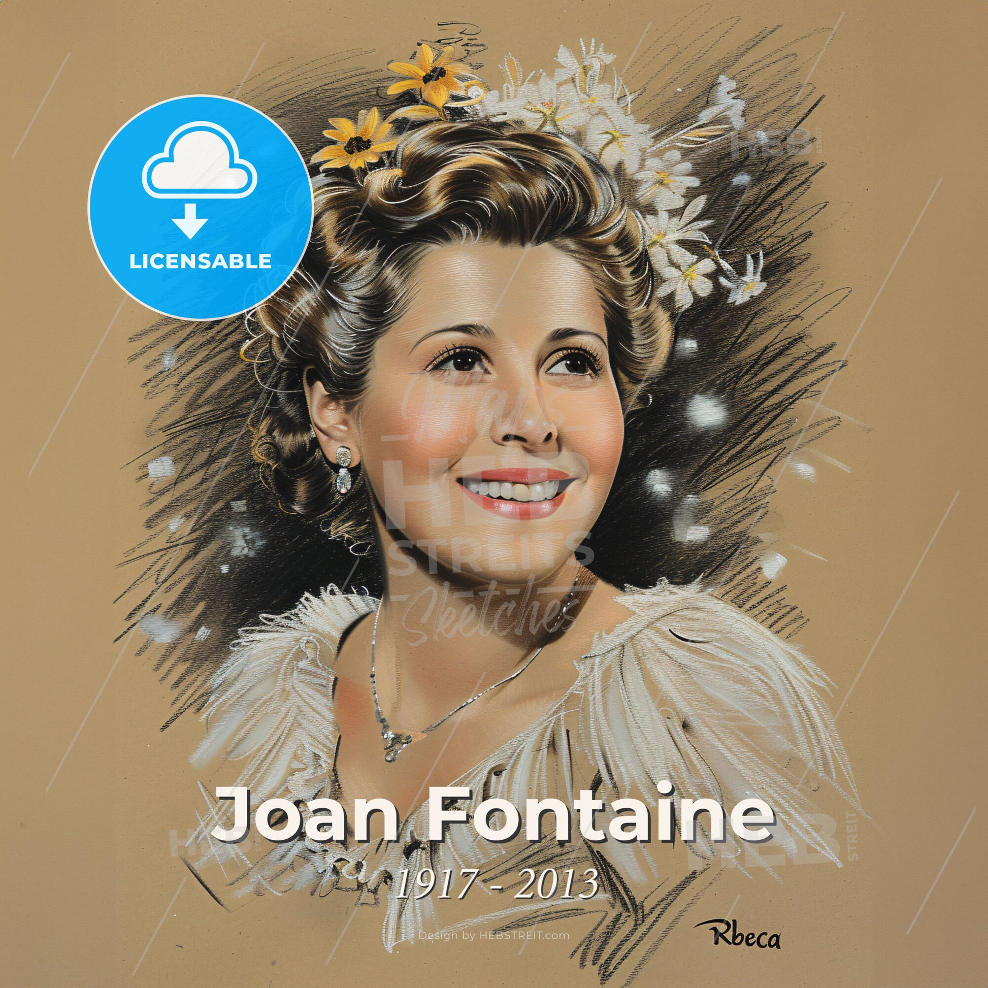 Joan Fontaine, 1917 - 2013, British-American actress - A Drawing Of A Woman With Flowers In Her Hair Print Template