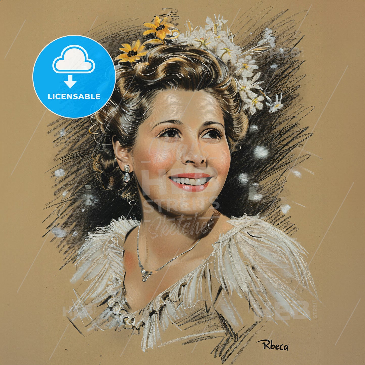 Joan Fontaine, 1917 - 2013, British-American actress - A Drawing Of A Woman With Flowers In Her Hair