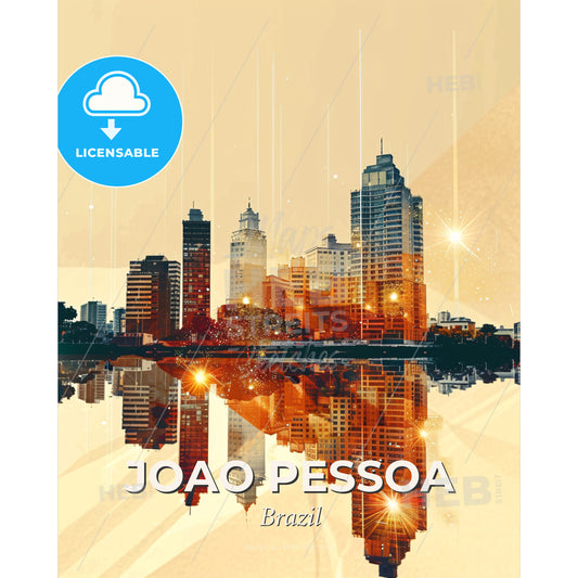 Joao Pessoa City Skyline Composite Art Poster - A city skyline with lights reflecting on water - Square format print template