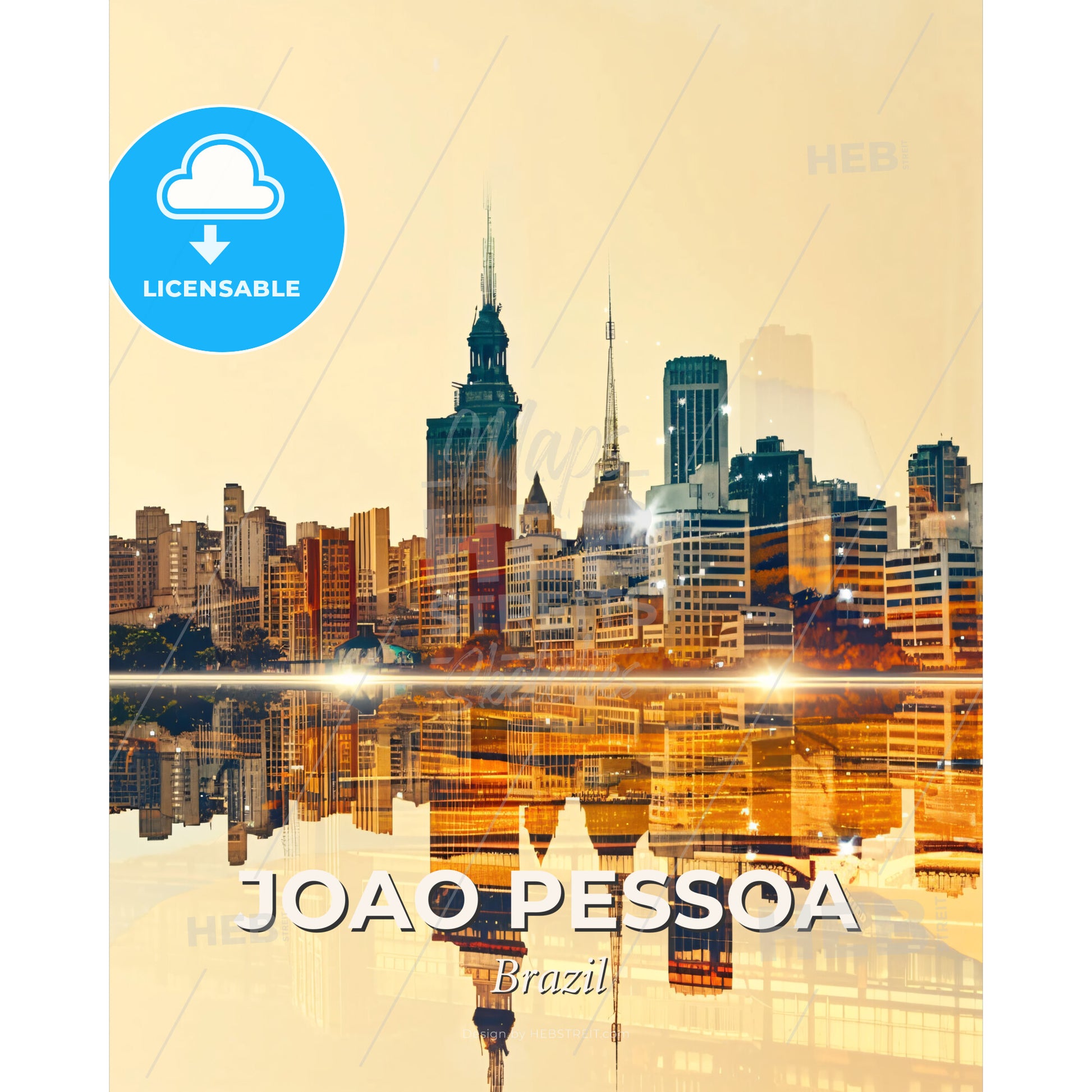 Joao Pessoa Skyline Cityscape Beige Sparkle Poster - A city skyline with many tall buildings reflected in water - Square format print template