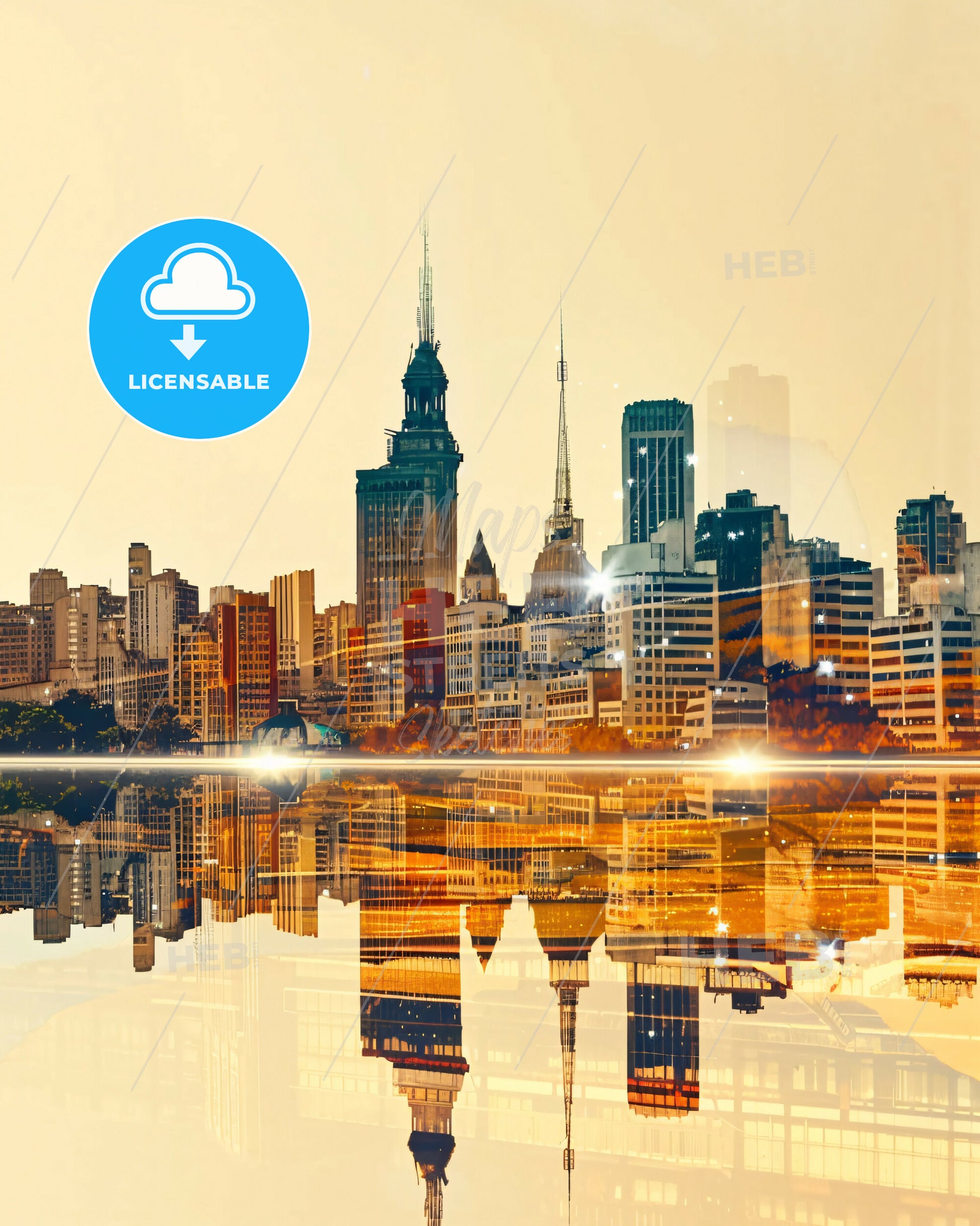 Joao Pessoa Skyline Cityscape Beige Sparkle Poster - A city skyline with many tall buildings reflected in water