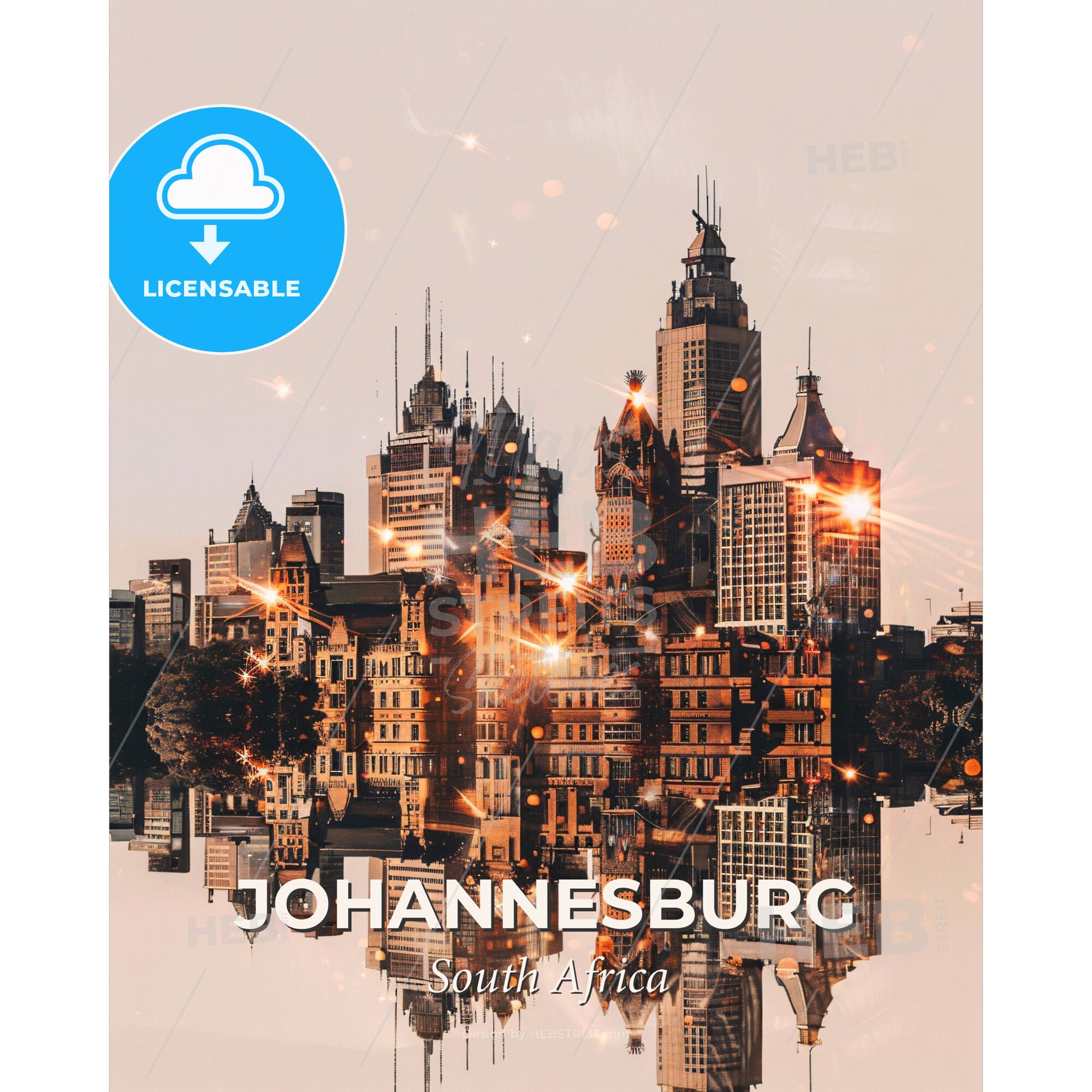 Johannesburg Skyline Pop Art Cityscape Poster - A city skyline with many tall buildings and a body of water - Square format print template