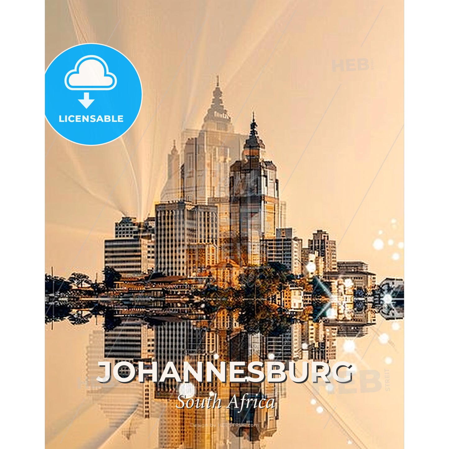 Johannesburg Skyline Double Exposure Art Poster - A city with many tall buildings reflected in water - Square format print template