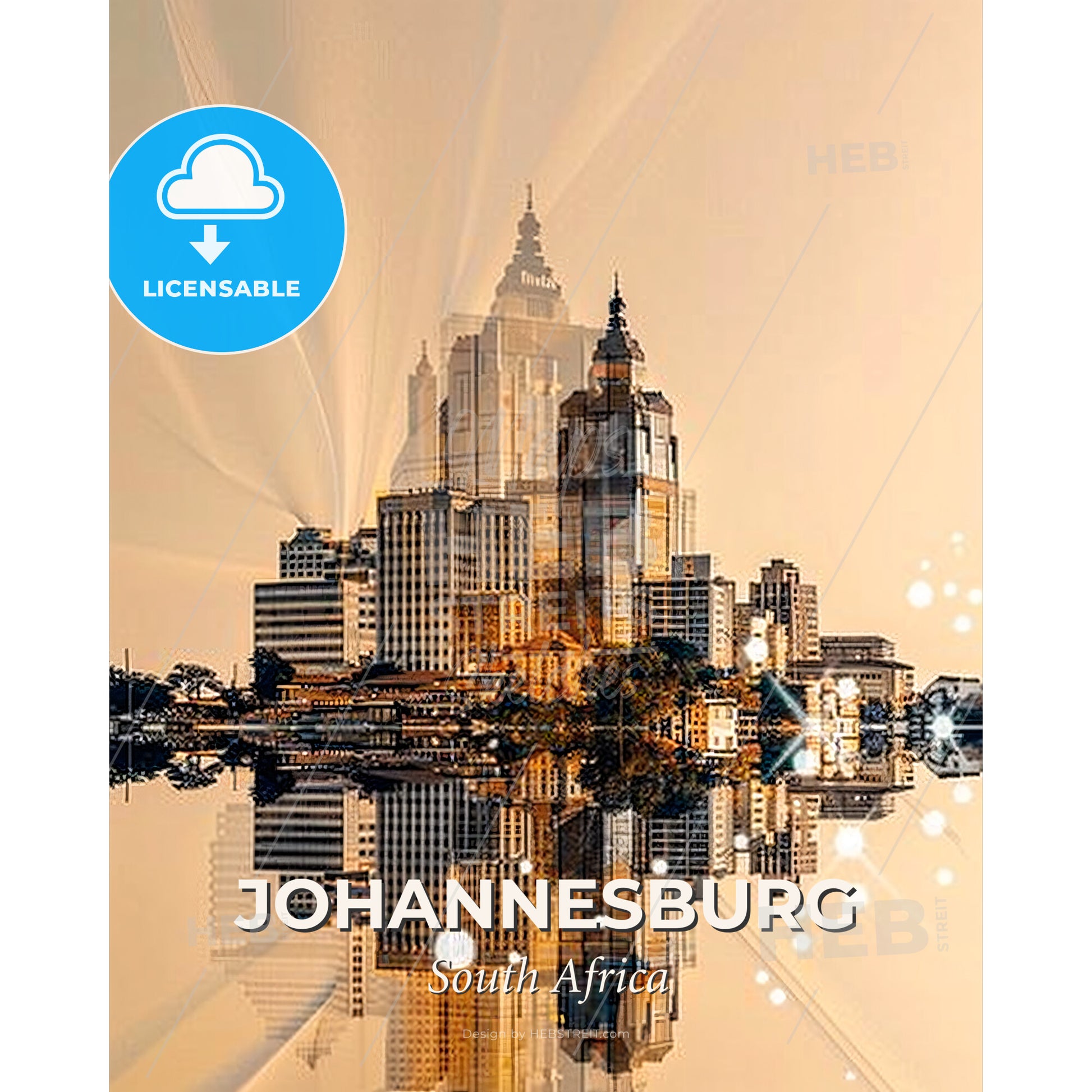 Johannesburg Skyline Double Exposure Art Poster - A city with many tall buildings reflected in water - Square format print template