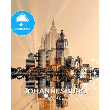Johannesburg Skyline Double Exposure Art Poster - A city with many tall buildings reflected in water - Square format print template