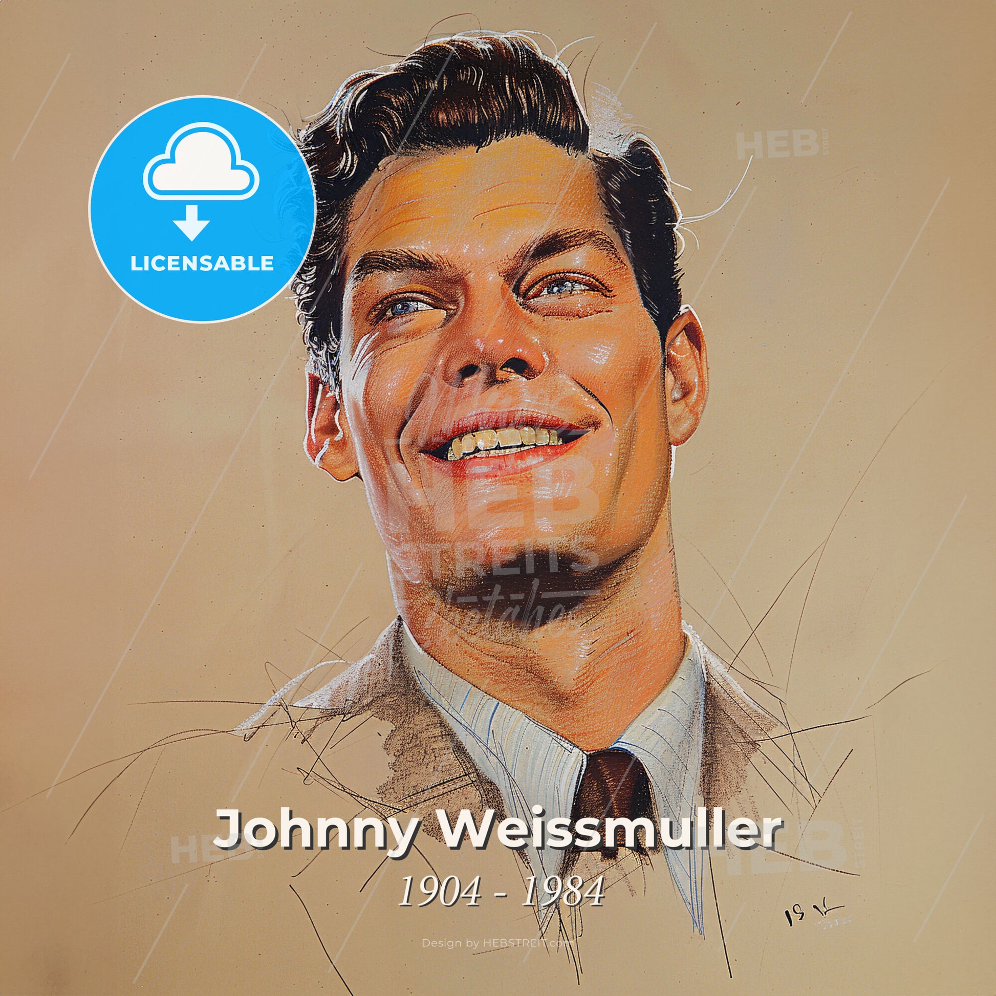 Johnny Weissmuller, 1904 - 1984, American swimmer and actor - A Man Smiling With A Tie Print Template