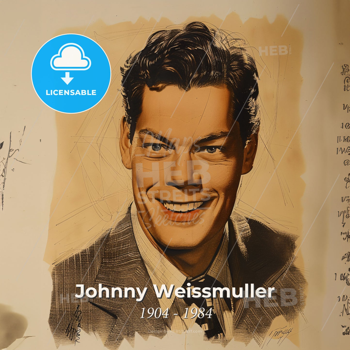 Johnny Weissmuller, 1904 - 1984, American swimmer and actor - A Man Smiling At The Camera Print Template