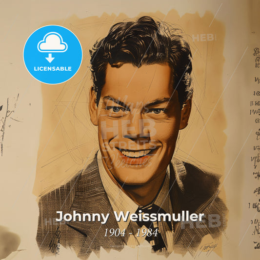 Johnny Weissmuller, 1904 - 1984, American swimmer and actor - A Man Smiling At The Camera Print Template