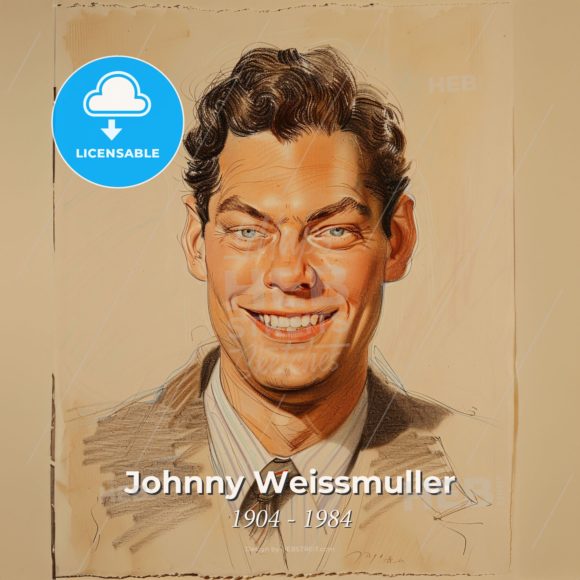 Johnny Weissmuller, 1904 - 1984, American swimmer and actor - A Drawing Of A Man Smiling Print Template