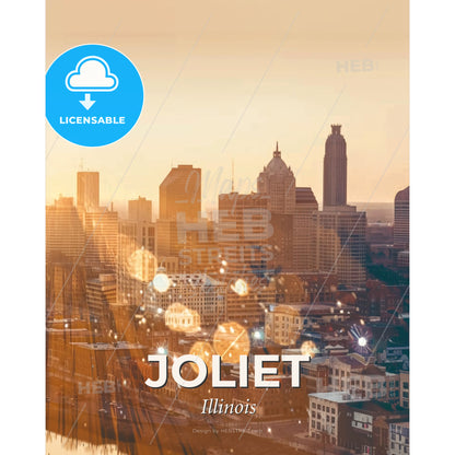 Joliet City Skyline Poster: Local Art, Bright Beige - A city skyline with many tall buildings - Square format print template