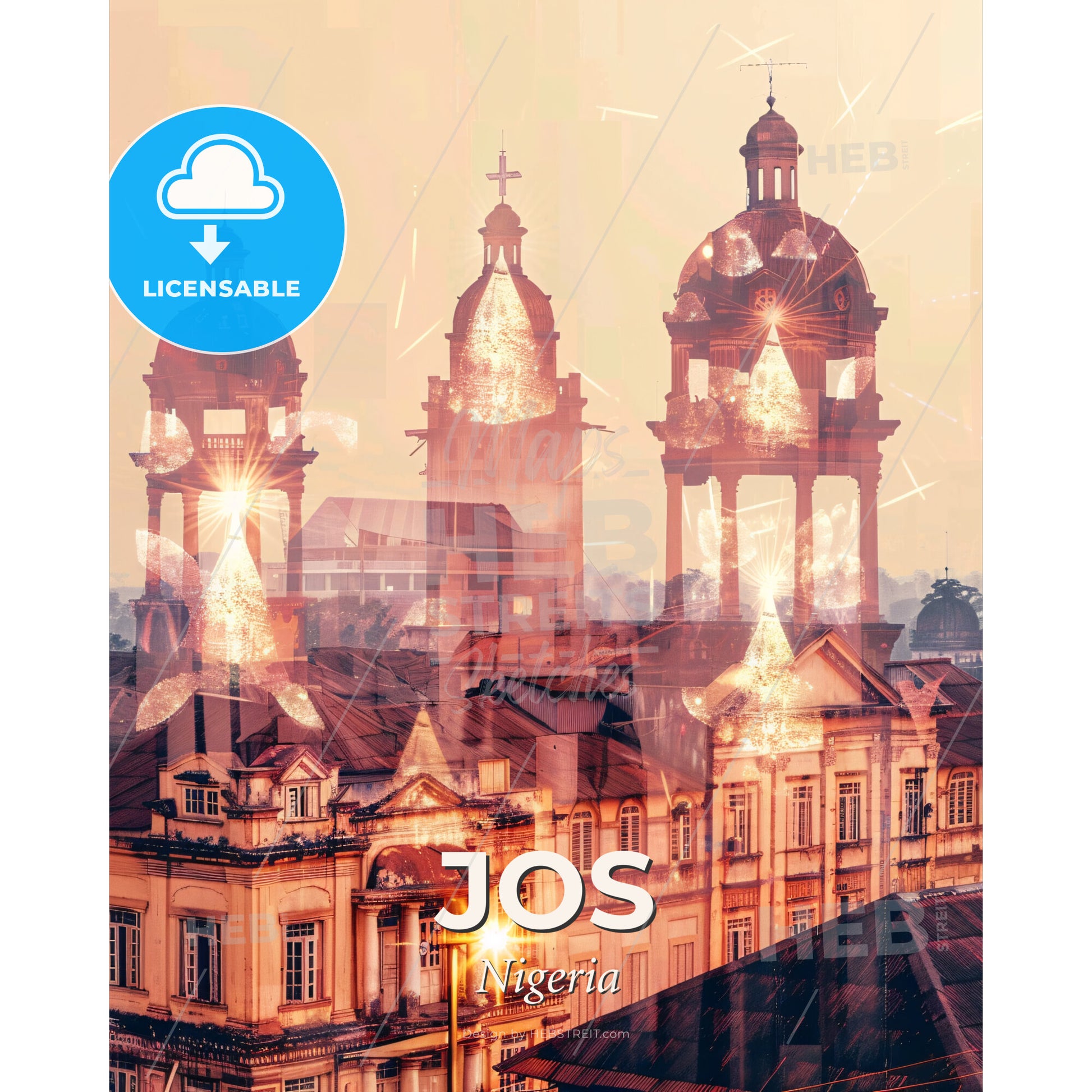 Jos: Vibrant Skyline in Double Exposure Art - A building with towers and lights - Square format print template