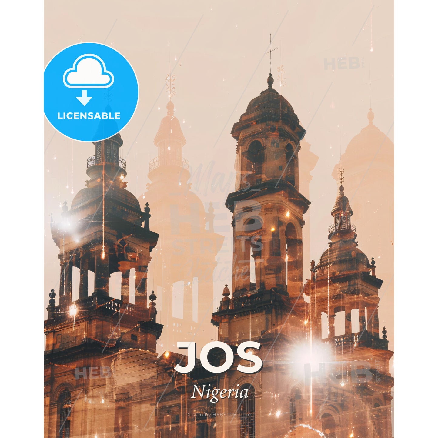 Jos, Nigeria Skyline: Double Exposure Art - A building with towers and a light in the background - Square format print template