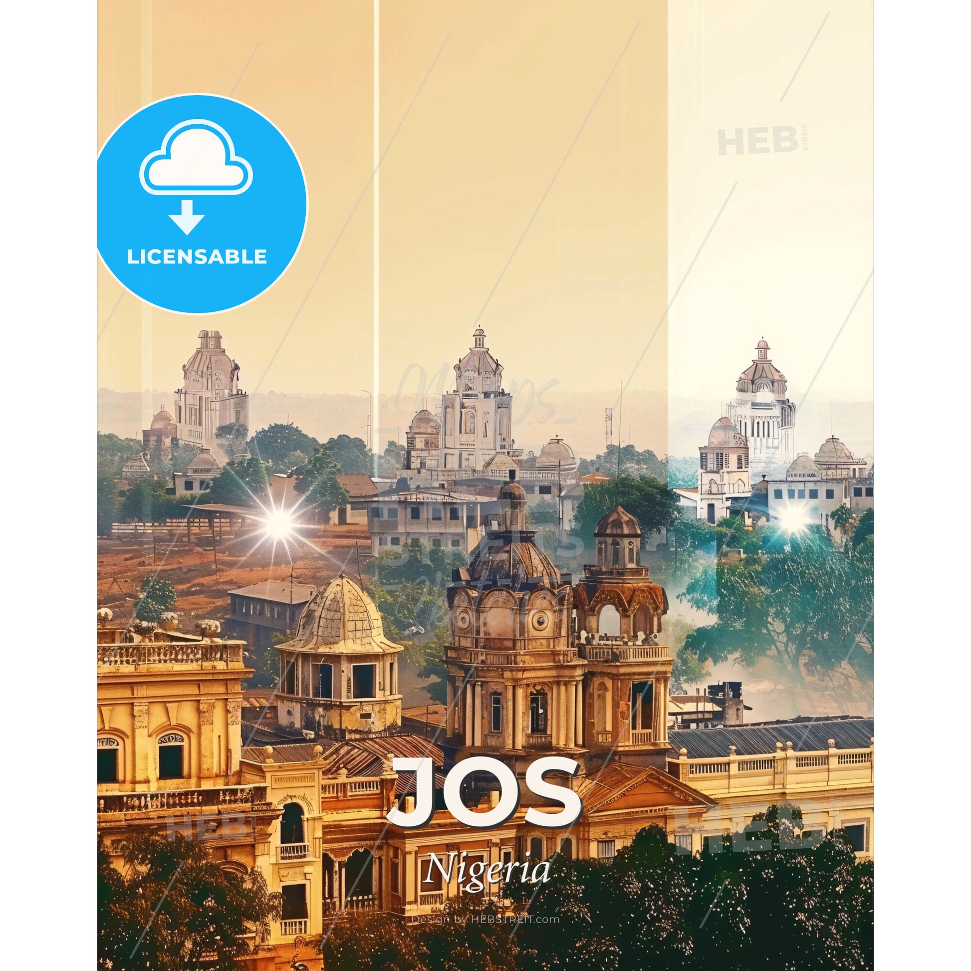 Jos City Double Exposure Art Skyline Poster - A group of buildings with trees and buildings in the background - Square format print template